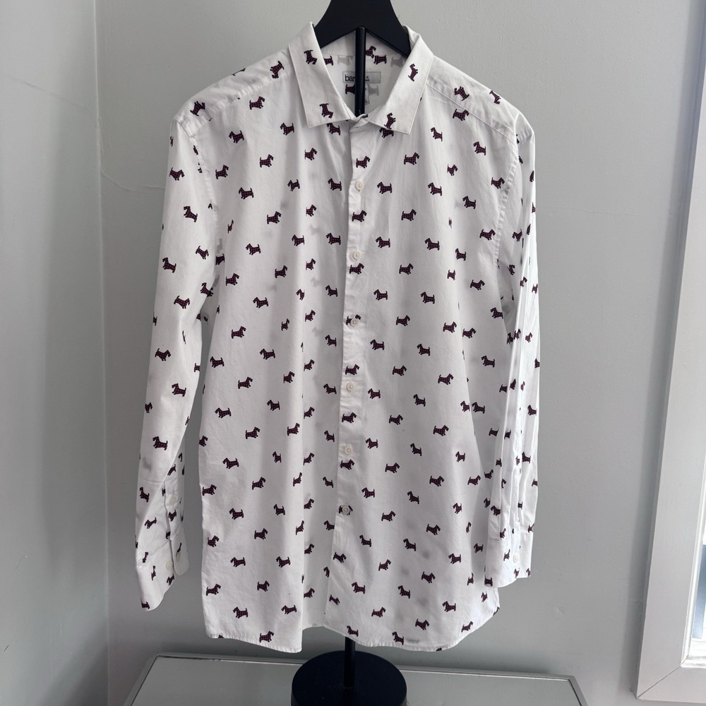 Bar III‎ Dog Print Shirt Mens Large White Cotton Button Front Slim Fit